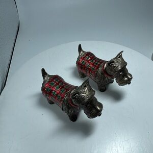 Scottie Dog Salt and Pepper Shakers with plaid sweaters.